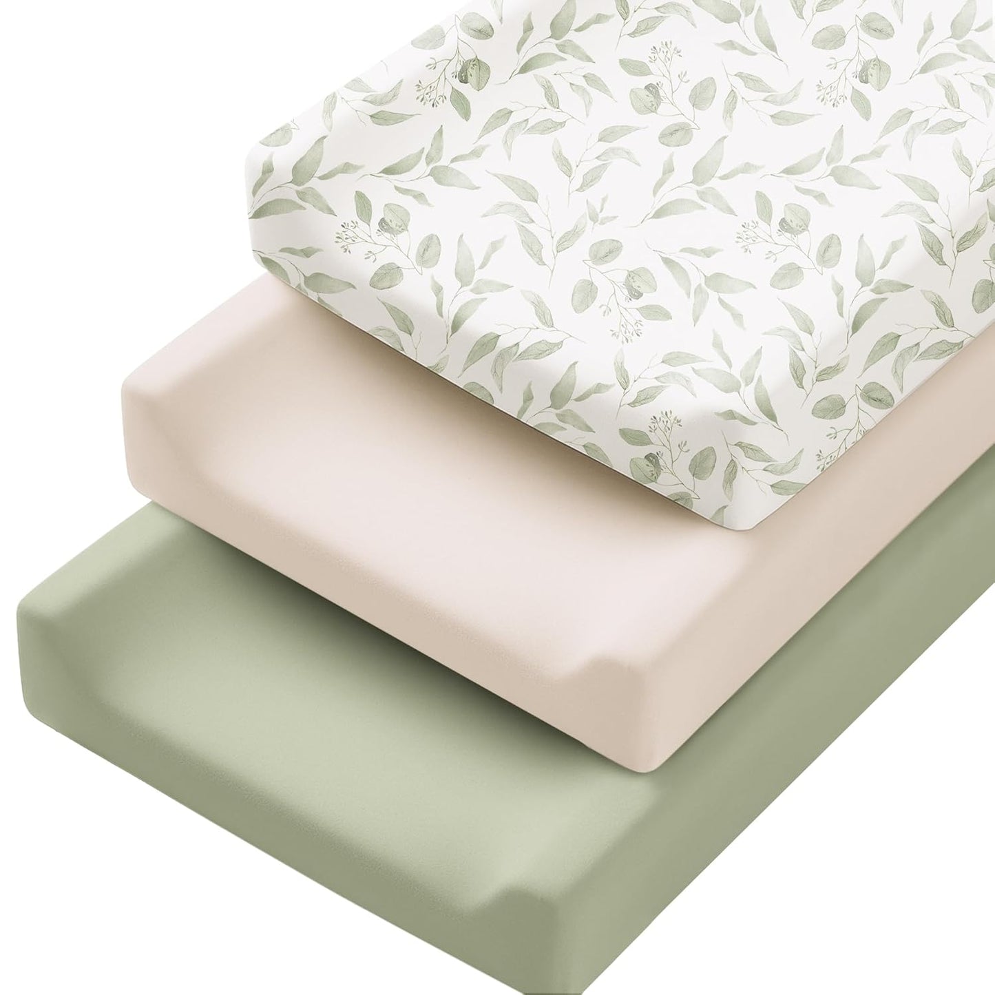 Konssy 3 Pack Stretchy Changing Pad Covers for Girl, Boy, Silky Soft Changing Table Cover, Breathable Baby Nursery Diaper Chang Pad Sheets (Green Leaves)