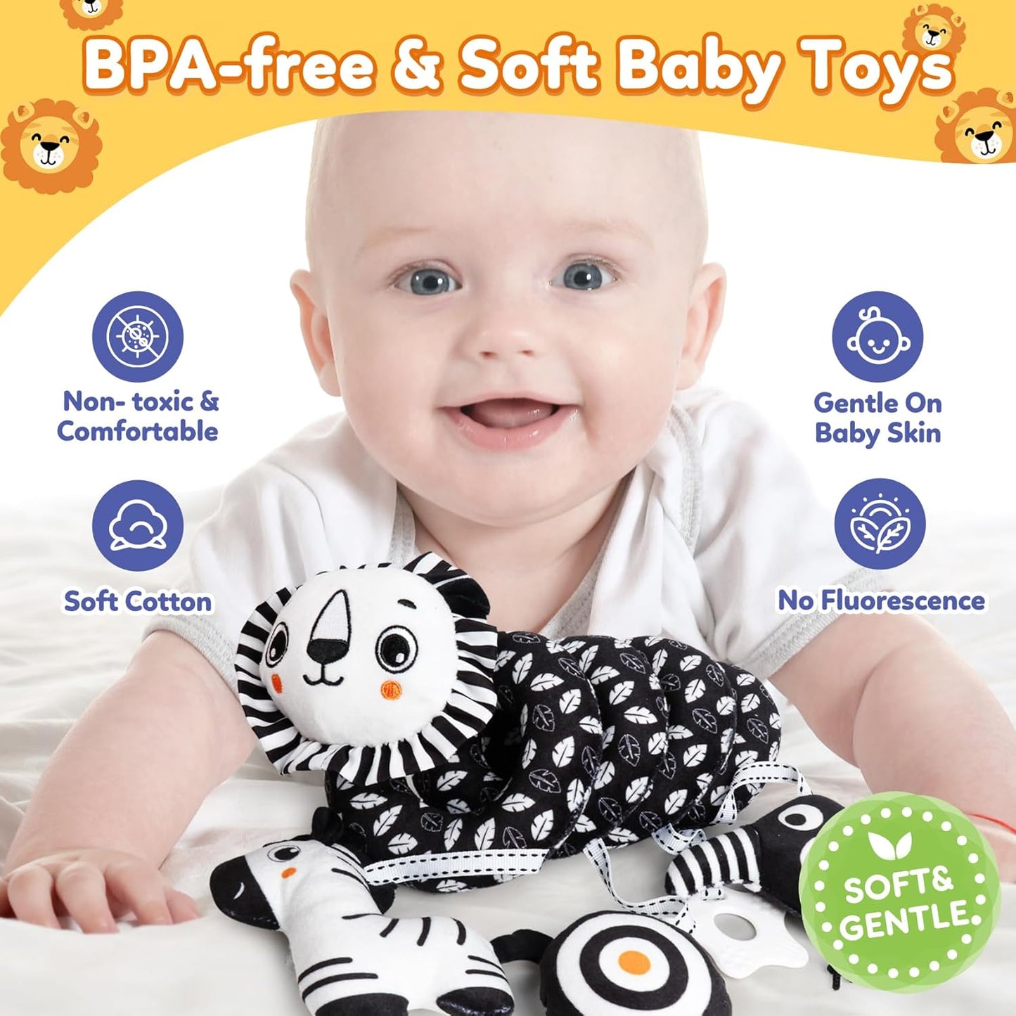 Baby Carseat Toy Black & White Rattle Spiral Hanging Activity Stroller Toy for Newborns Boys and Girls - Lion