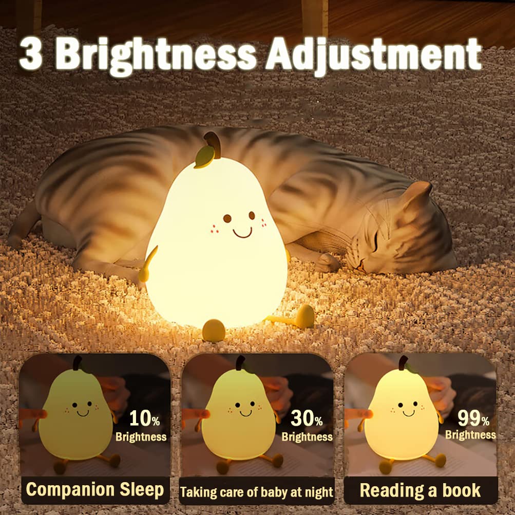 LED Cute Pear Night Light, Silicone Fruit Pear Lamp with Remote, Squishy Kawaii Bedside Cute Lamp, Adjustable Brightness NightLight for Bedroom, Rechargeable Soft Glow NightLight for Room Decoration