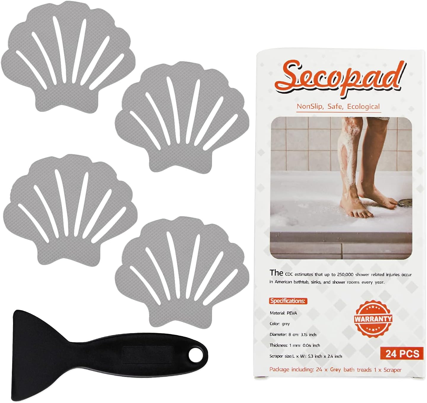 Non-Slip Bathtub Stickers, 24 PCS Shell Safety Bathroom Tubs Showers Treads Adhesive Decals Scraper (Gray)