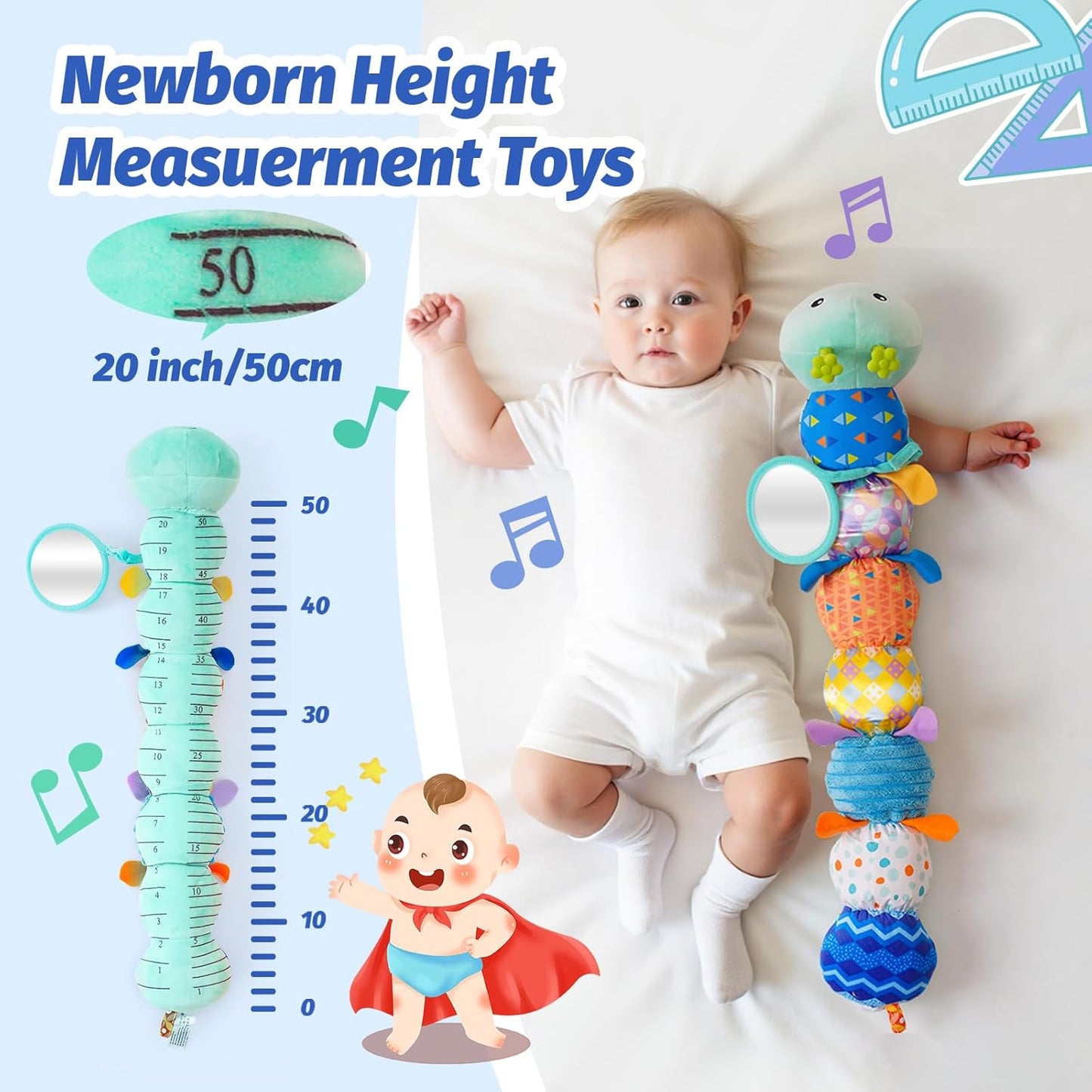 Baby Toys 0-6 Month, Musical Caterpillar Baby Rattle, Plush Sensory Toy with Mirror, Crinkle Textures, Newborn Developmental Tummy Time Stuffed Animal for Infants Boys Girls 6-12 Months (Blue)