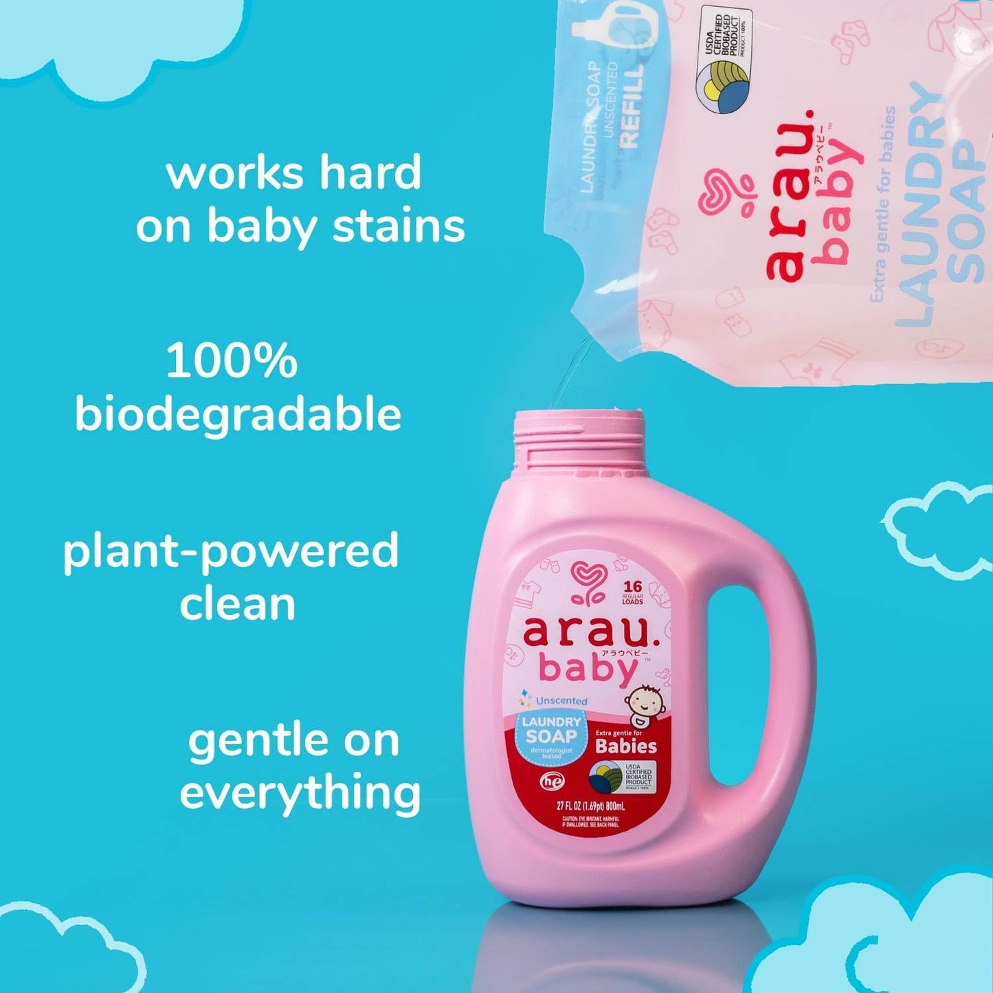 Arau Baby Laundry Soap Refill, Unscented, Plant Based Formula, Safe for Sensitive Skin, Baby Laundry Detergent with No Artificial Fragrance or Additives, Newborn and Baby Clothes, 24.3 Fl Oz