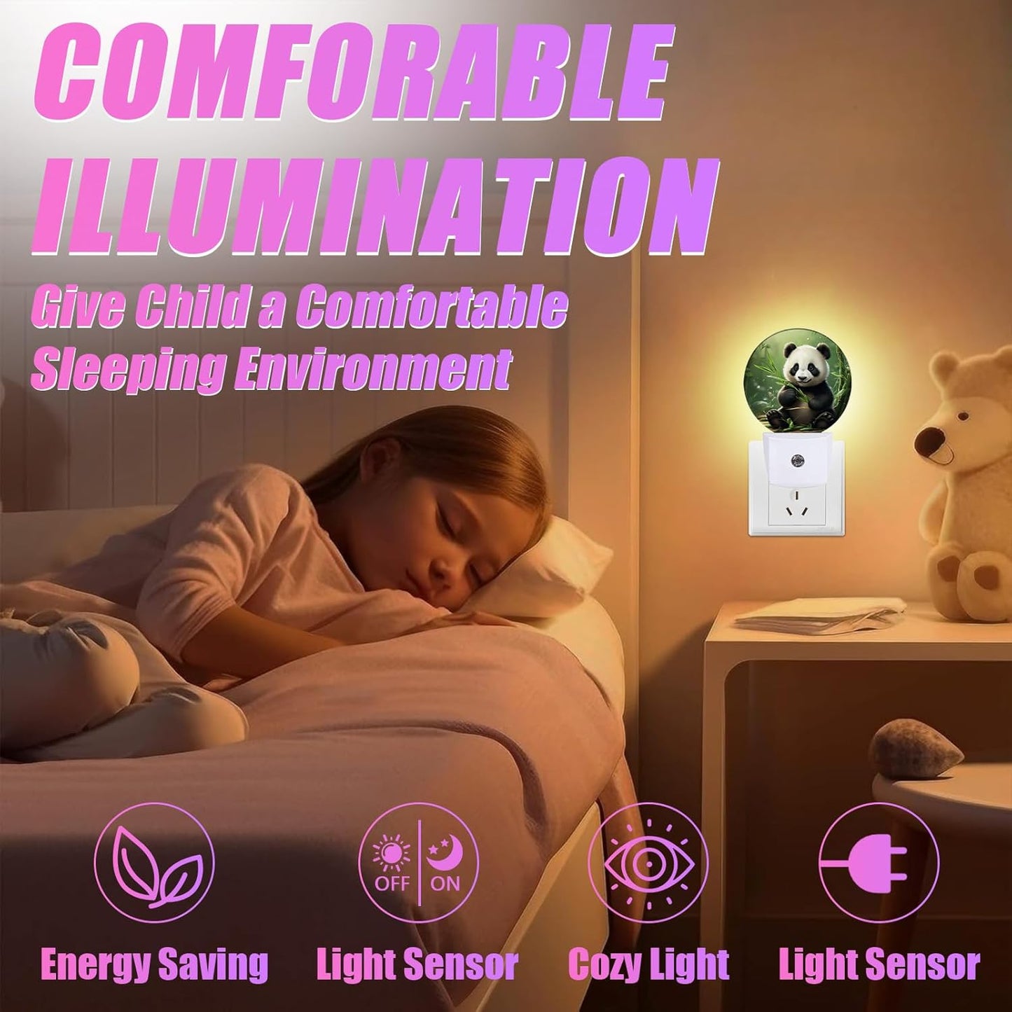Cute Panda Night Light Animals Night Lights LED Lamp Round Plug into Wall Nightlight with Dusk to Dawn Sensor Home Hallway Stairway Kitchen Decor
