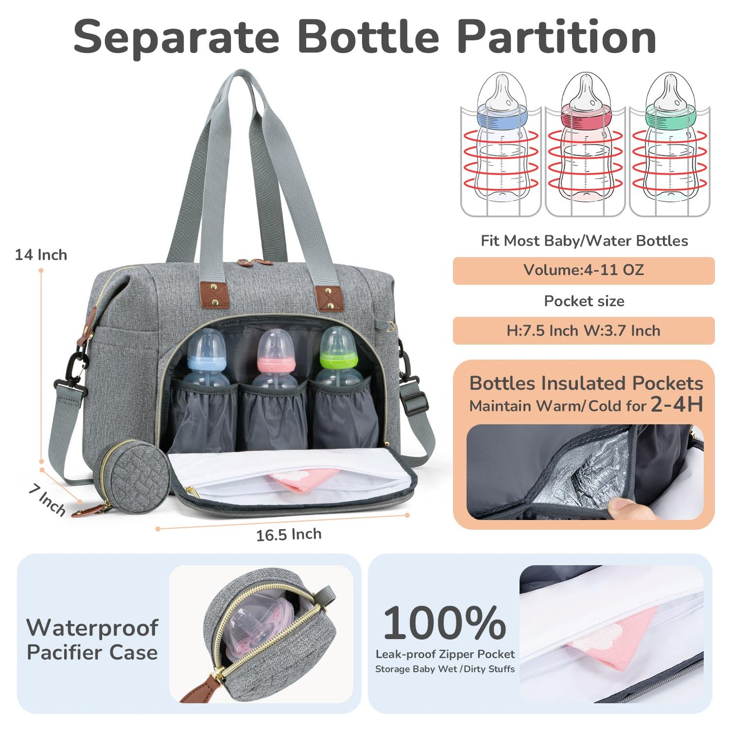 Diaper Bag Tote, Baby Bag Travel Diaper Tote Bag with Pacifier Case, Cute Maternity Hospital Baby Stylish Diaper Tote for Mom Dad Grey