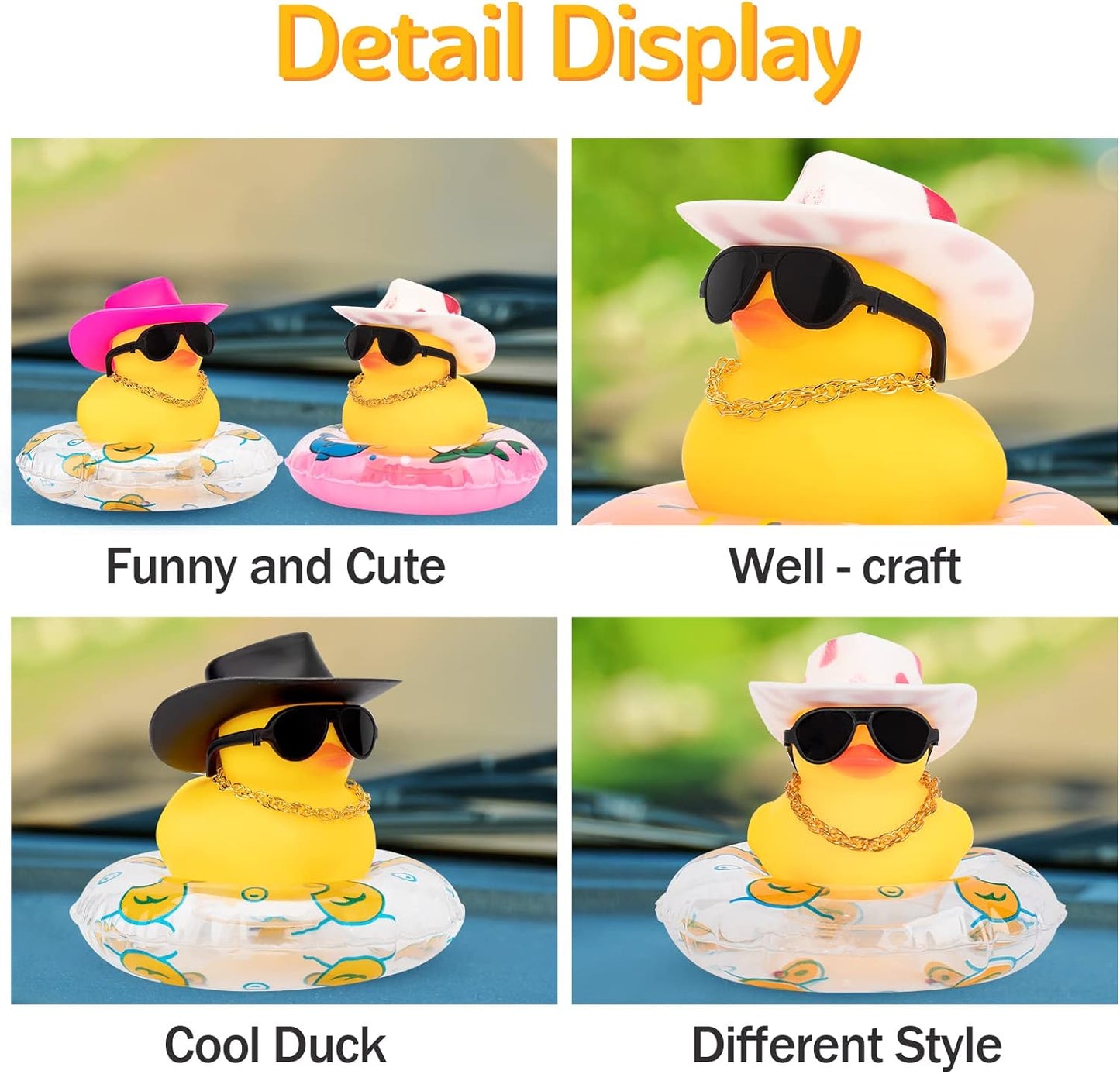 wonuu Car Rubber Duck, Yellow Duck Decoration Dashboard with Sun Hat Swim Ring Necklace Sunglasses for Car Dashboard Decorations, Black Cowboy Hat-Transparent