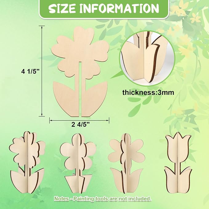 COCHIE DIY 3D Flower Spring Wood Crafts to Paint, Paintable Unfinished Wooden