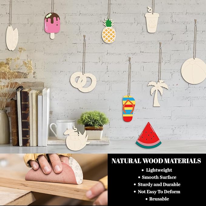 Subacy 80 PCS Unfinished Wood Cutouts 10 Styles DIY Wooden Summer Ornaments