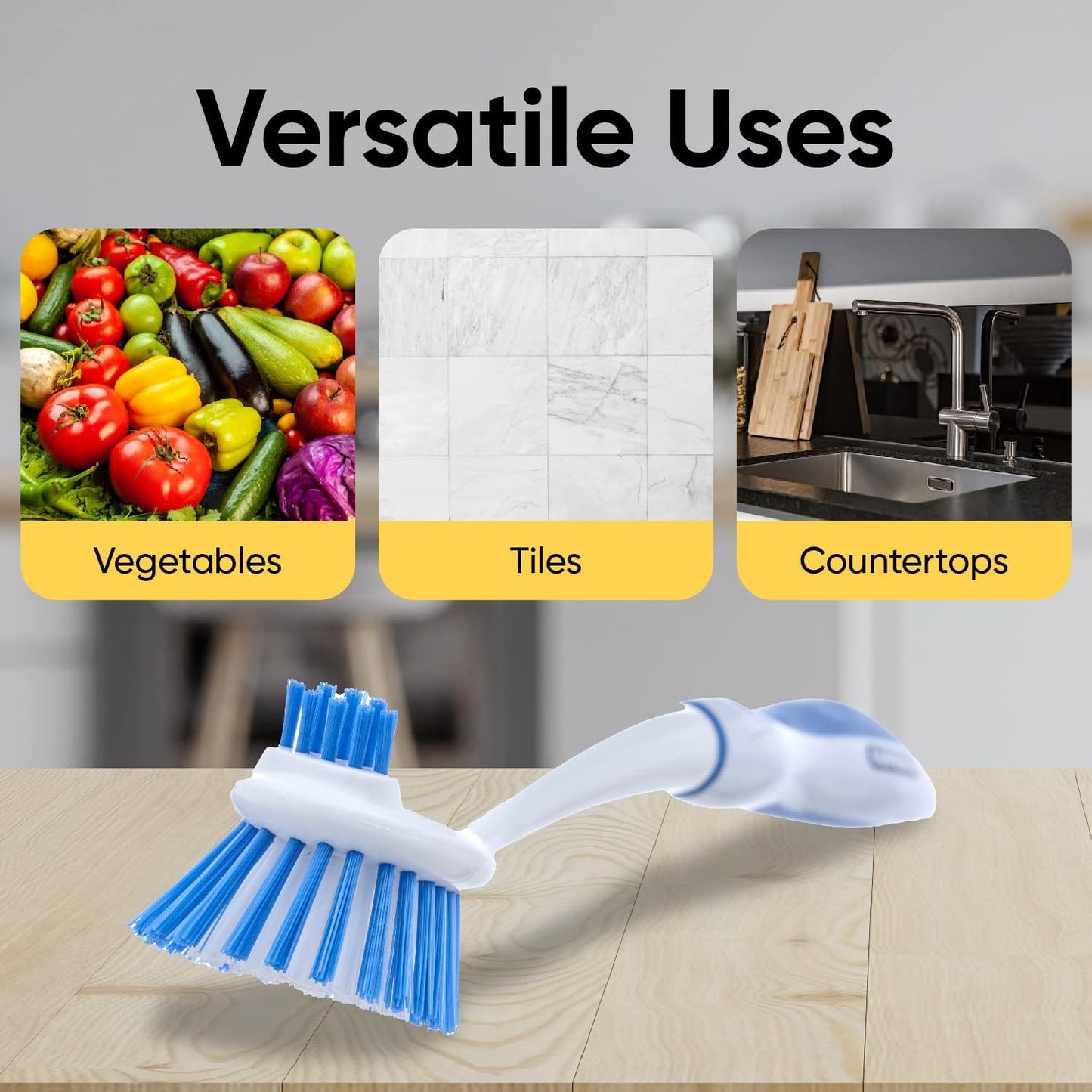 Dish Washing Vegetable Brush Scrubber with Stainless Steel Grill Brush, Scourer Sponge Brush Set with Long Handle and Rubber Grip, Non-Scratch, Kitchen Cleaning Set (2 Pack, Blue)