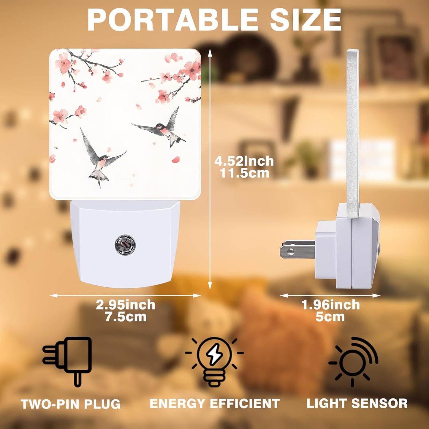 Peach Blossom and Bird Night Light, Plug-in Nightlight with Dusk to Dawn Auto Sensor for Home Bedroom Hallway Kitchen 0.5W Sleep Friendly Led Lamp for Women Men