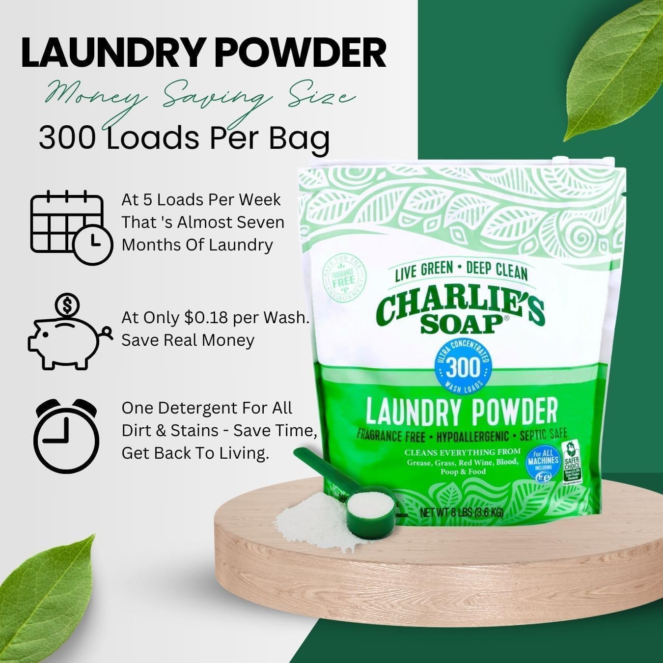Charlie’s Soap Laundry Powder (100 Loads, 3 Pack) Hypoallergenic Deep Cleaning Washing Powder Detergent – Eco-Friendly, Safe, and Effective