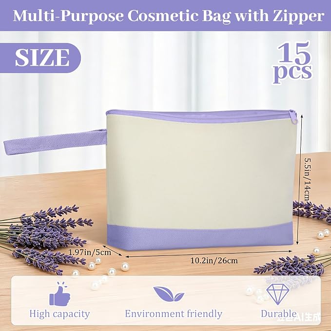 Silkfly 15 Pcs Cotton Canvas Makeup Bags Cosmetic Zipper Bags 10.2 x 5.5 x 2''