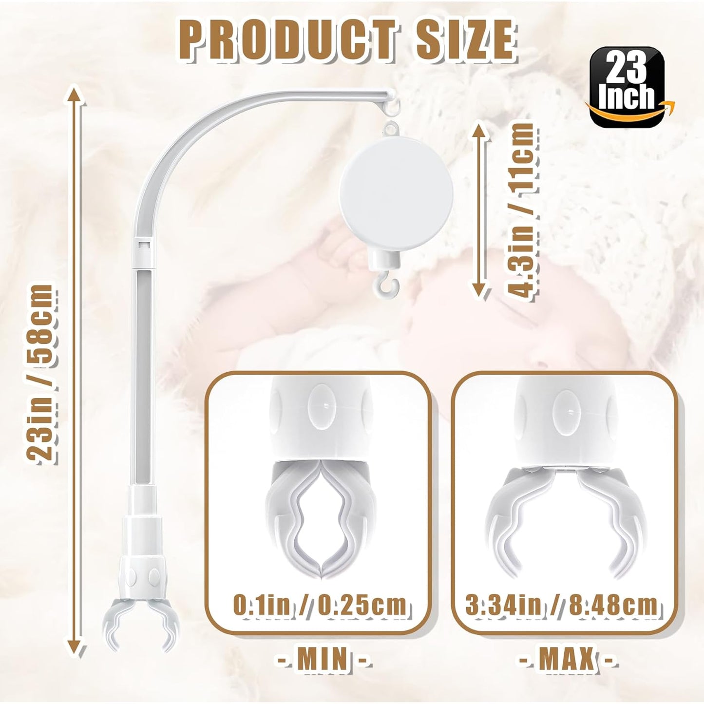 23 inches DIY Baby Crib Mobile Arm,Mobile arm for Crib,Nursery Mobile arm,Baby Mobile Hanger, with Music Box-The Claw Part Can be Adjusted Width-DIY Toy Decoration