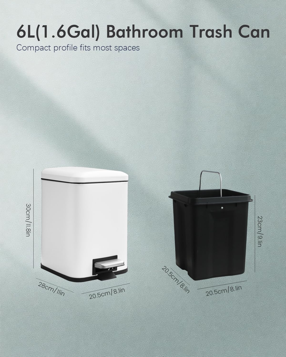Bathroom Trash Can with Lid, 6 Liter / 1.6 Gallon Small Trash Can with Removable Liner Bucket, Soft Close lid & Step Pedal, White Stainless Steel Garbage Can for Bedroom, Office