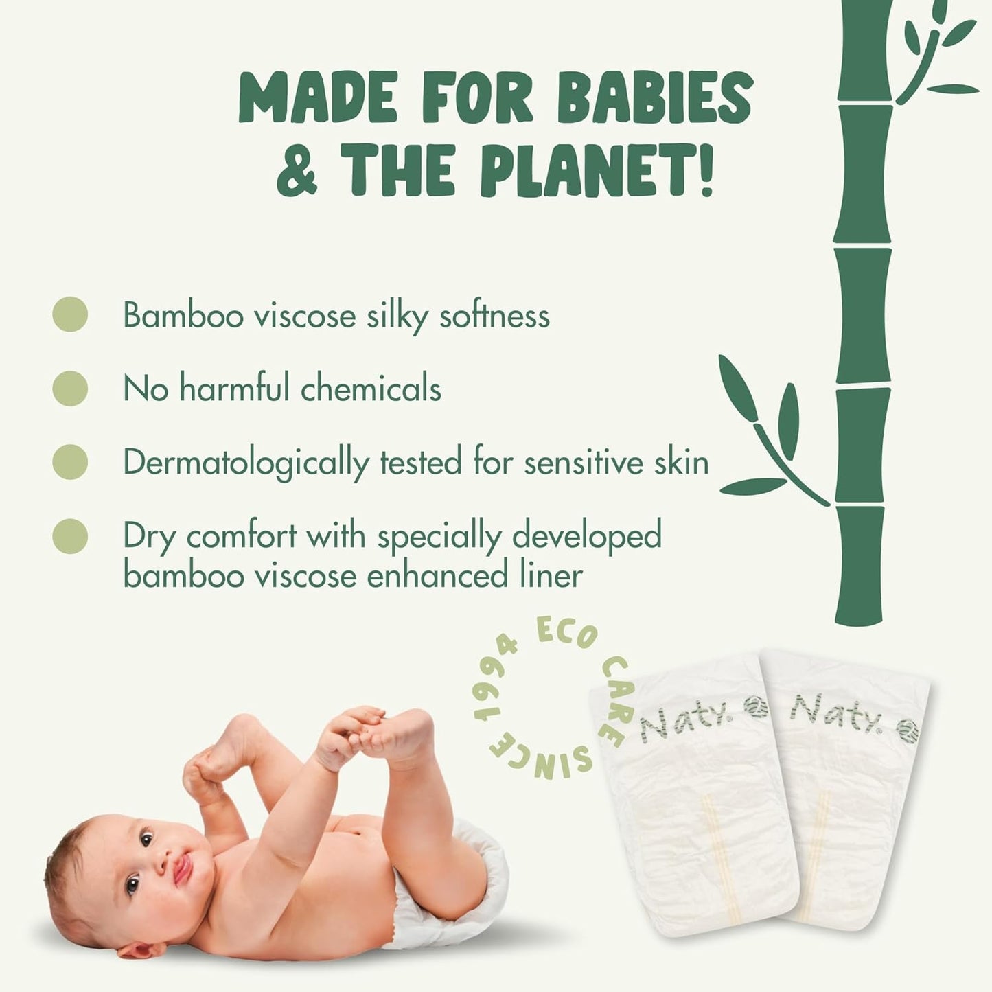 Naty Bamboo Viscose Baby Diapers – Silky Soft, Plant Based, Dermatologically Tested for Sensitive Skin & Super Absorbent (Size 2, 88 Count)