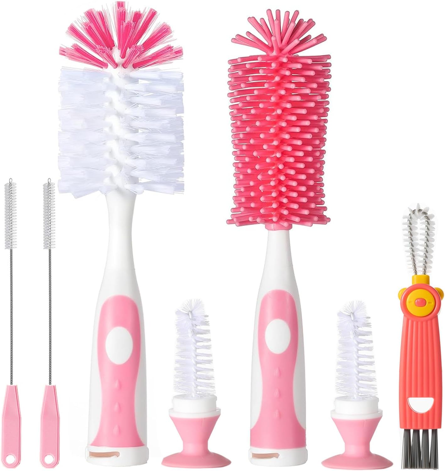 5 in 1 Bottle Cleaner Brush Set with Nylon and Silicone Bottle Brush, Straw Brush, Bottle Brush with Nipple Cleaner and Suction Cup, Cup Lid Cleaner Brushes Kit, BPA-Free (Pink)