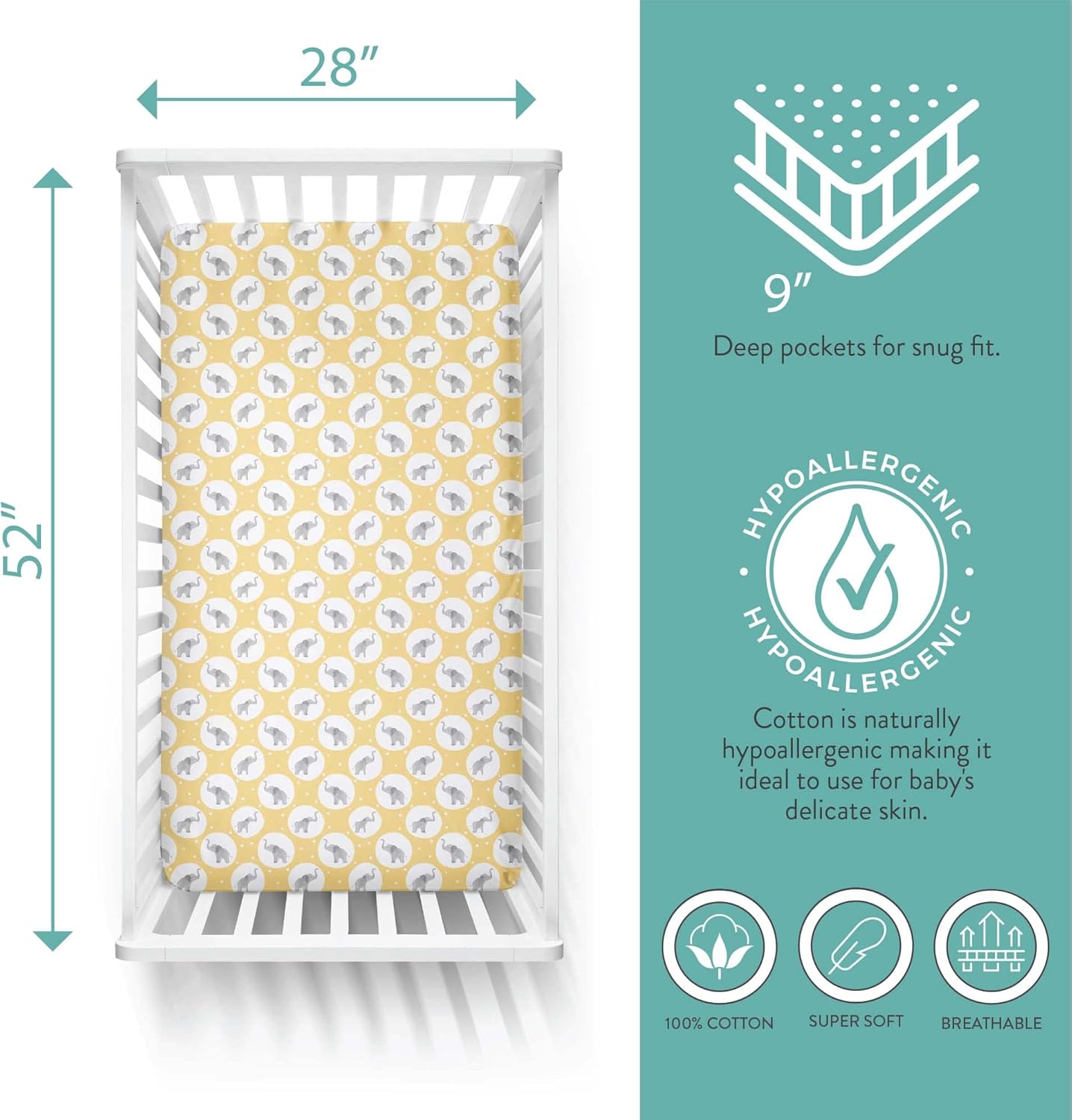 Featherhead™ 2-Pack Fitted Crib Sheets - 100% Cotton - 52" x 28" x 9" for Standard Crib and Toddler Mattress (Jersey Elephant)