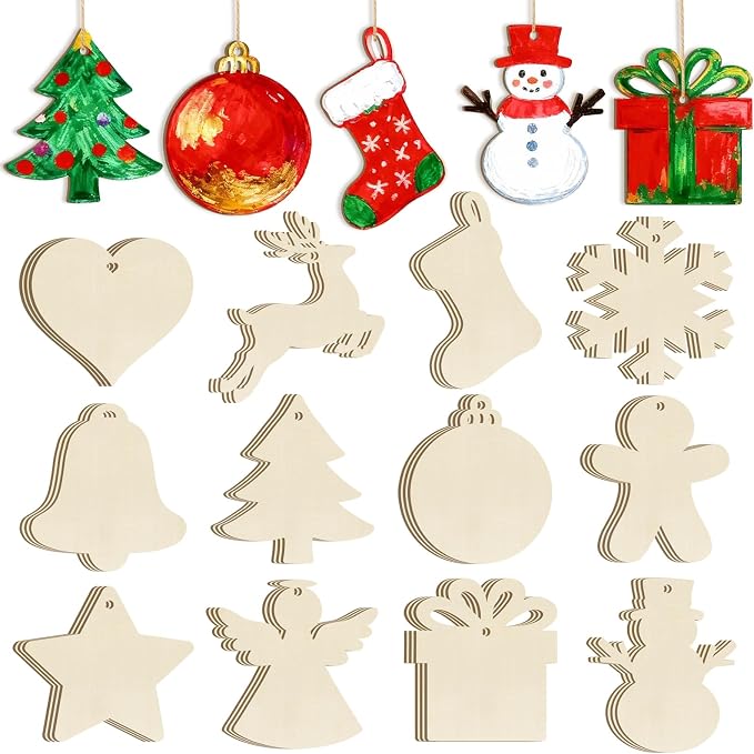 36PCS Wooden Christmas Ornaments to Paint, 12 Styles DIY Blank Unfinished Wood