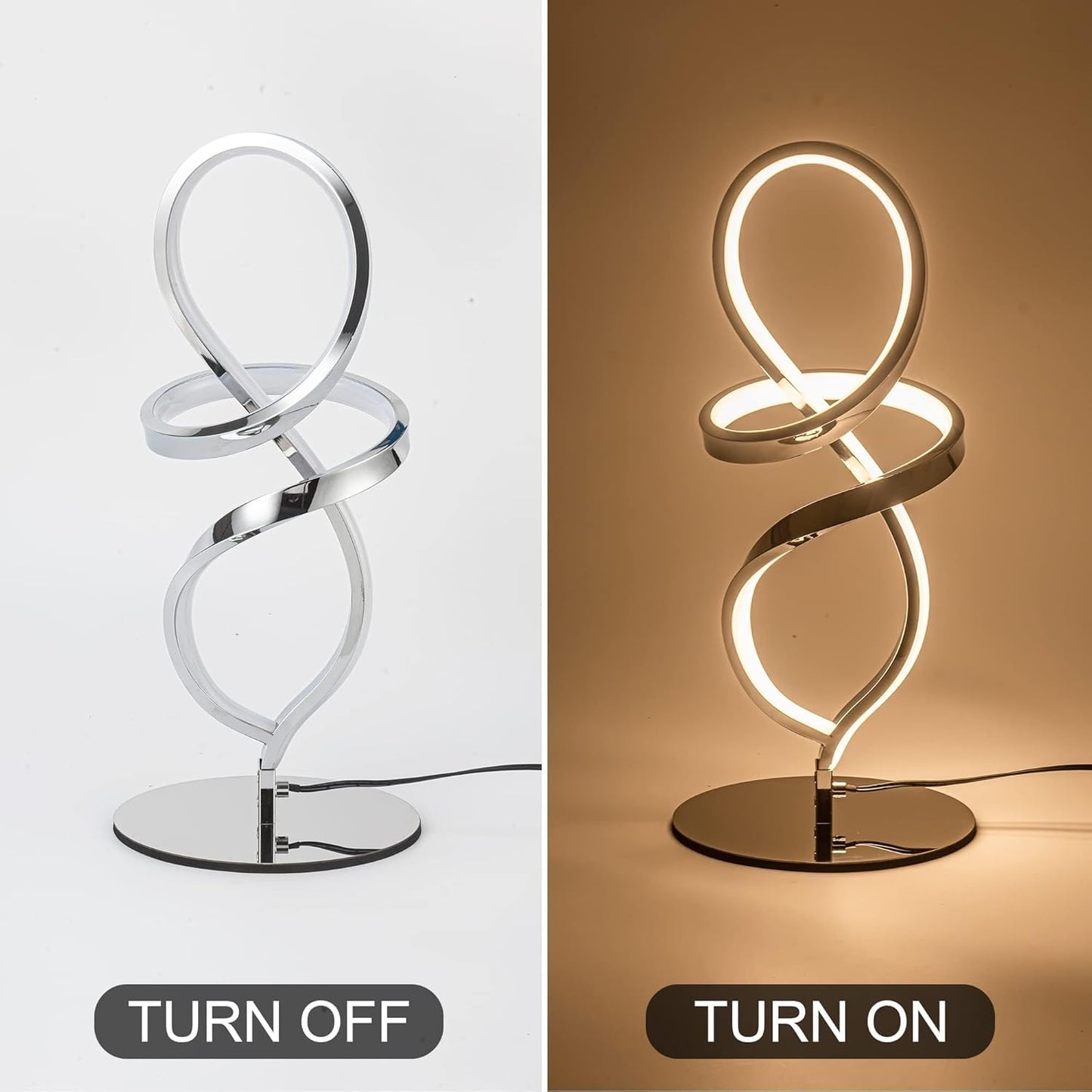 Mayful Modern Table Lamp with LED Spiral Design, Bedside Lamp with Stepless Dimming Switch, Contemporary Nightstand & Chrome Table Lamp for Bedroom, Living Room, Home Office, 12W 3200K Warm White