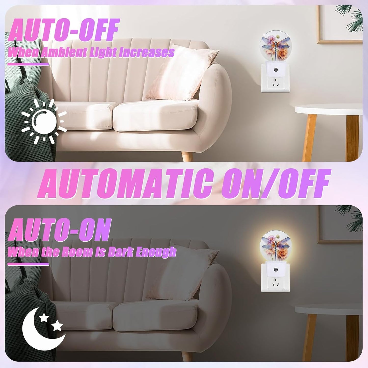Dragonfly Night Light Watercolor Floral Night Lights LED Lamp Round Plug into Wall Nightlight with Dusk to Dawn Sensor Home Hallway Stairway Kitchen Decor