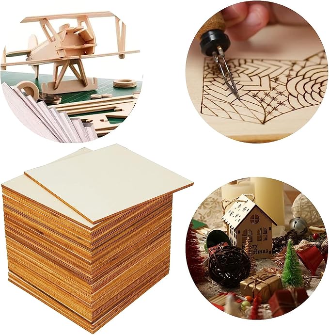 Unfinished Wood Pieces 50 Pcs 4"x4" Inch Wooden Cutout Tiles Blank Wood Slices
