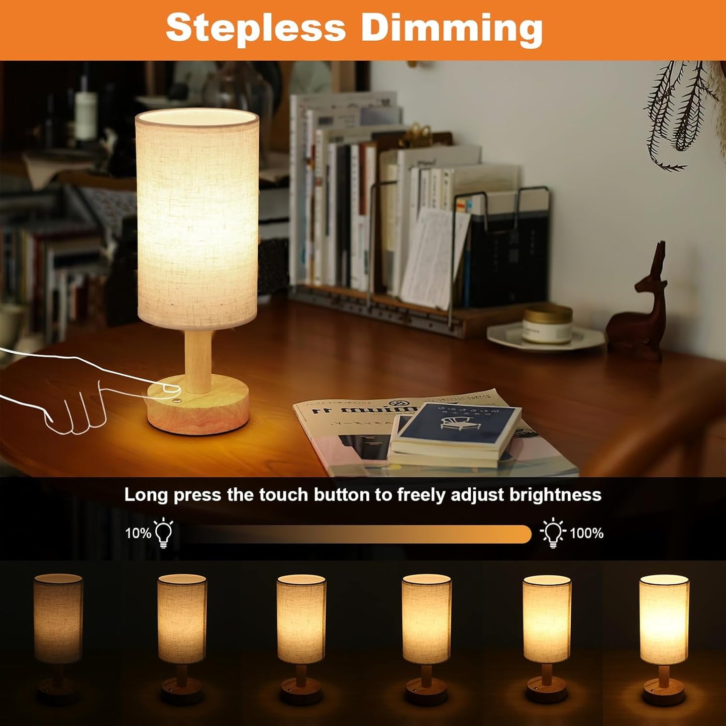Rechargeable Cordless Touch Table Lamp with Stepless Dimming,Natural Wood Base&Linen Shade,Small Battery Wireless Ambient Night Light for Bedroom,Bedside,Nightstand,Nursery,Kitchen,Camping,Outdoor
