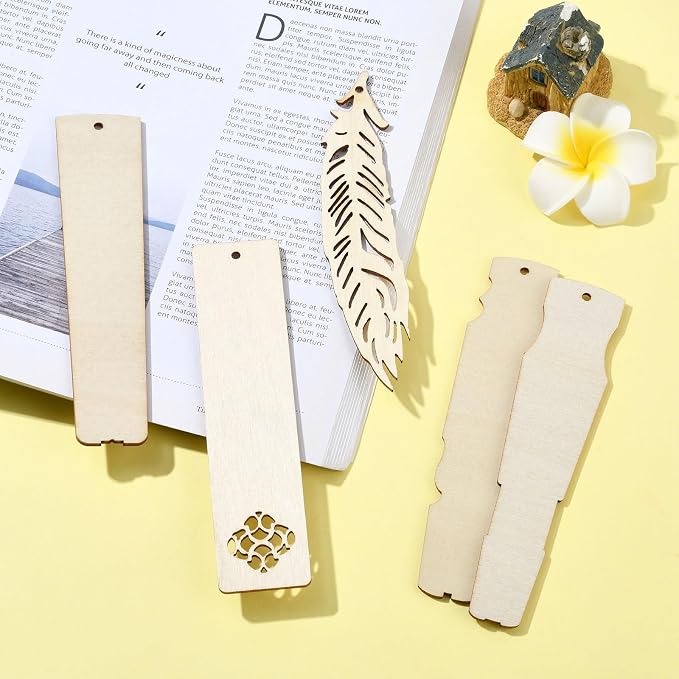 50 pcs 5 Styles Blank Theme Unfinished Wood Cutout Bookmarks Feather Flower