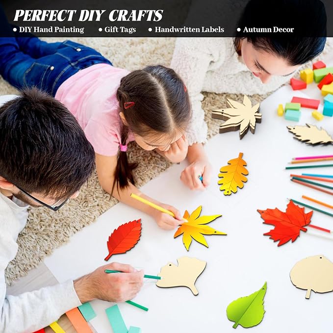Subacy 80 PCS Unfinished Wood Cutouts 8 Styles DIY Wooden Crafts, Autumn Maple