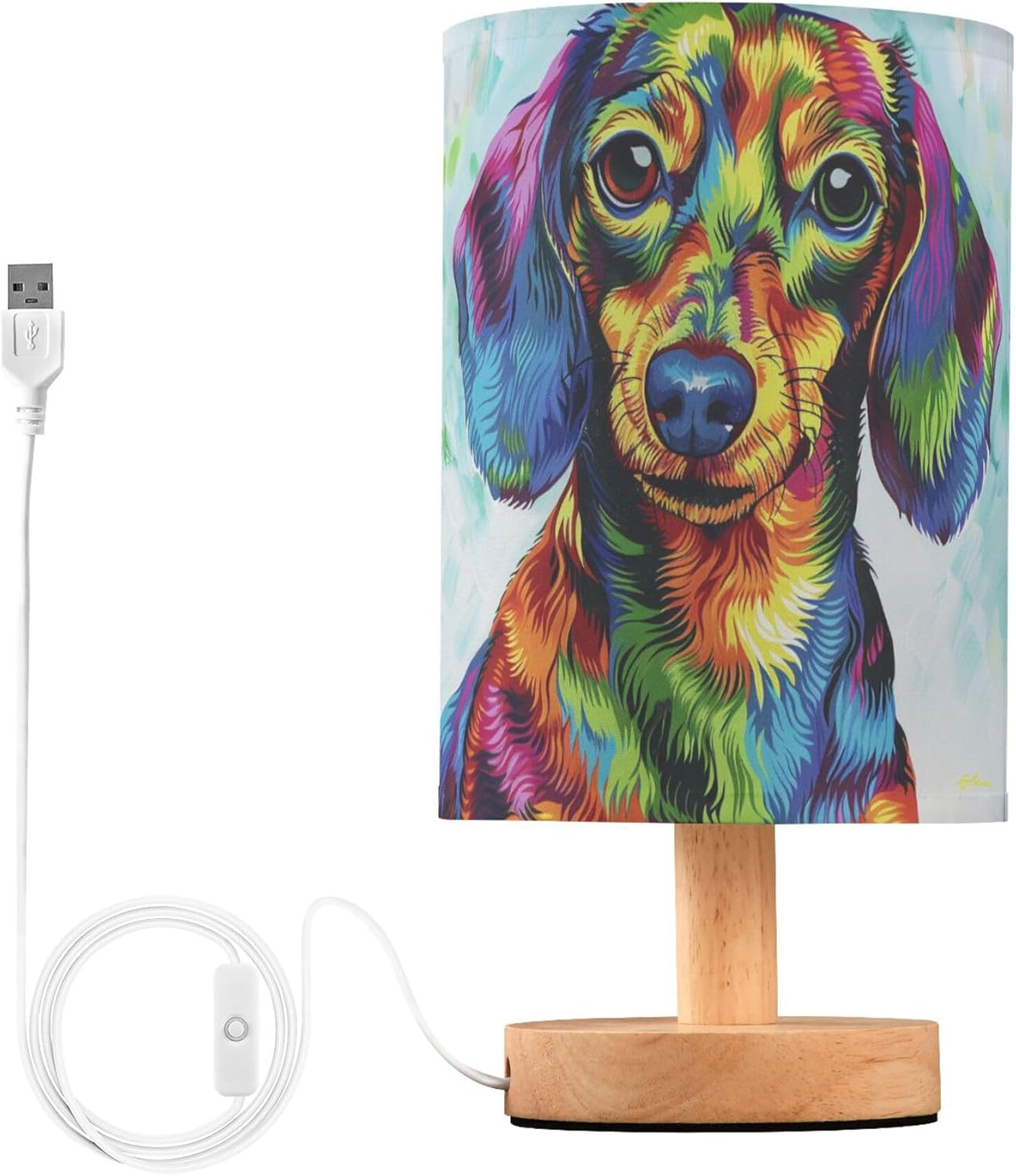 Table Lamp Colorful Dachshund Puppy Nightstand Lamp with Wood Base Fabric Lamp Shade Bedside Desk Lamp for Living Room Bedroom Kids Room Office