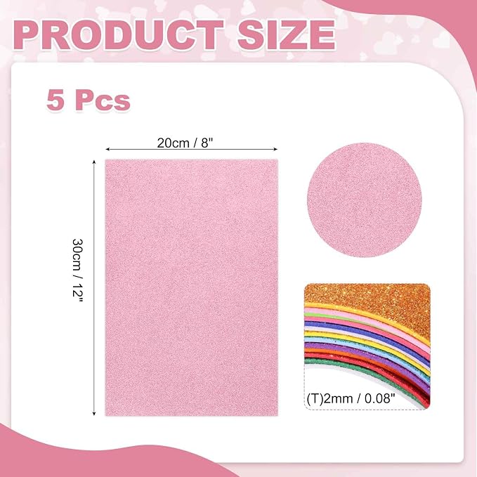 MECCANIXITY 5 Sheets Pink Shiny Foam Sheets, 8 Inch x 12 Inch Sparkle EVA Foam
