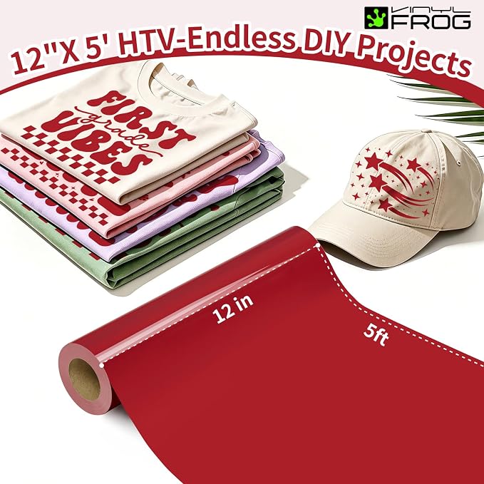 VINYL FROG Red Heat Transfer Vinyl Roll 12" x5ft Matte HTV Vinyl | Red Iron on