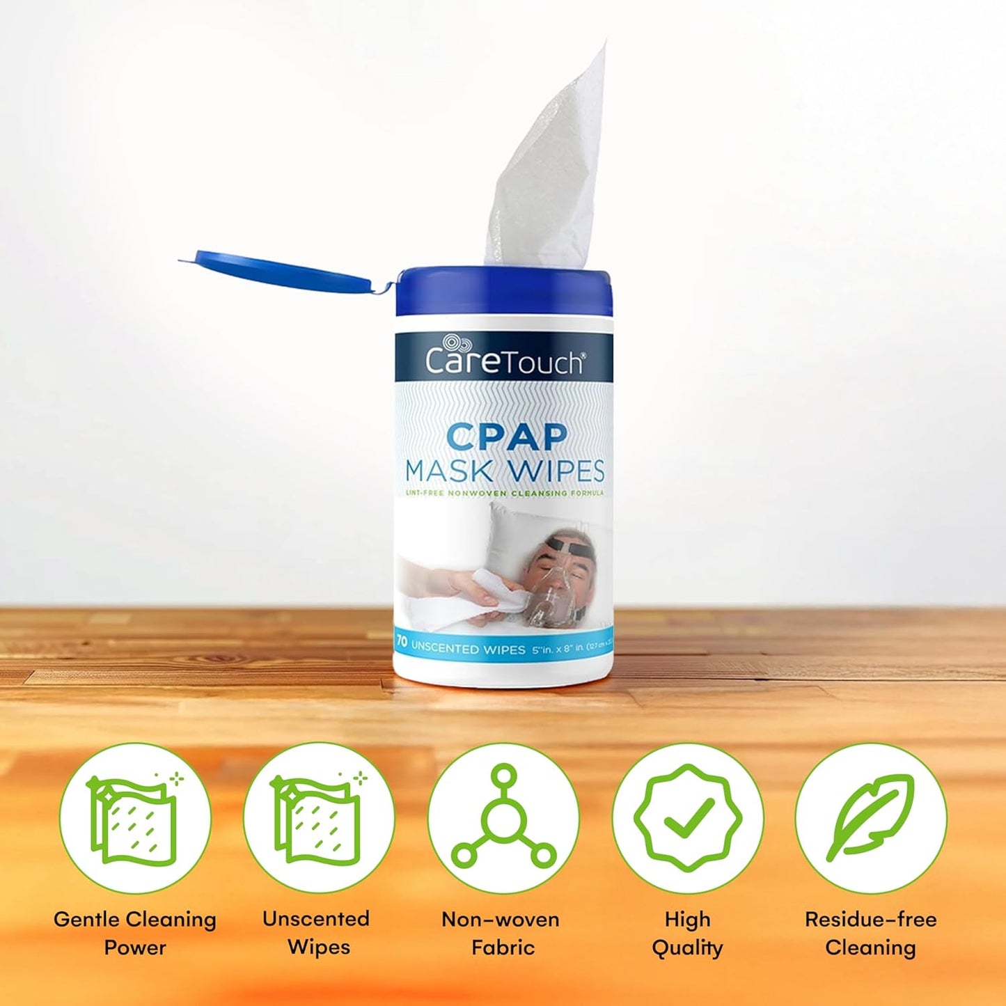 CareTouch CPAP Mask Wipes - 2 Packs of 70 Unscented Cloths for Daily Mask Care - 140 Total Soft Cleaning Sheets for CPAP Equipment - Gentle, Convenient, and Easy to Use