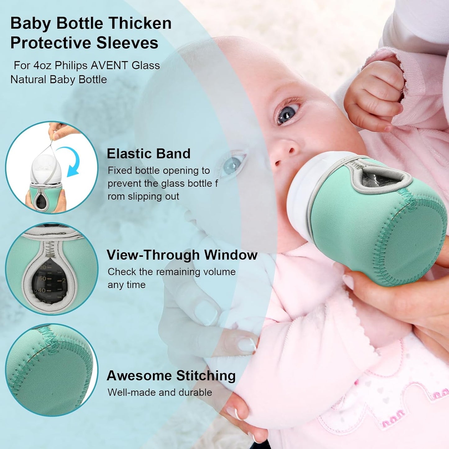 Beautyflier 4oz Glass Baby Bottle Sleeve Covers - Reusable Insulator for Heat/Cold Retention, Moisture Neoprene Holder for Philips 4 oz Avent Glass Natural Bottles (Pink+Green)