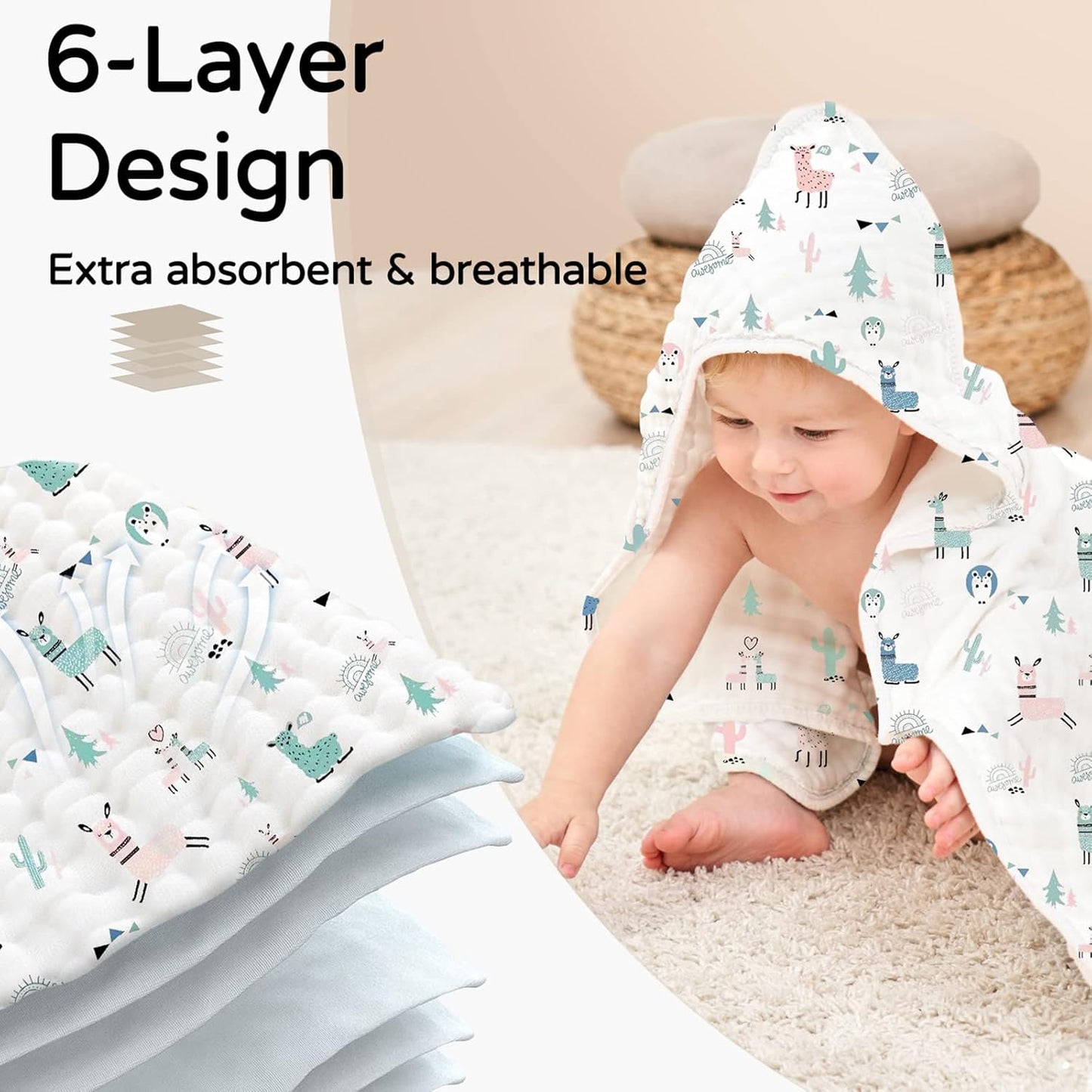 Yoofoss Hooded Baby Towels for Newborn 2 Pack 100% Muslin Organic Cotton Baby Bath Towel with Hood for Babies, Infant, Toddler and Kids, 32x32Inch, Soft and Absorbent Newborn Essential,Alpaca&Elephant