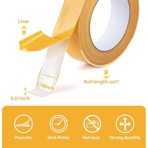 Double Sided Tape, 1.18 Inch x 66 Feet Fabric Tape, Mesh Double Stick Adhesive