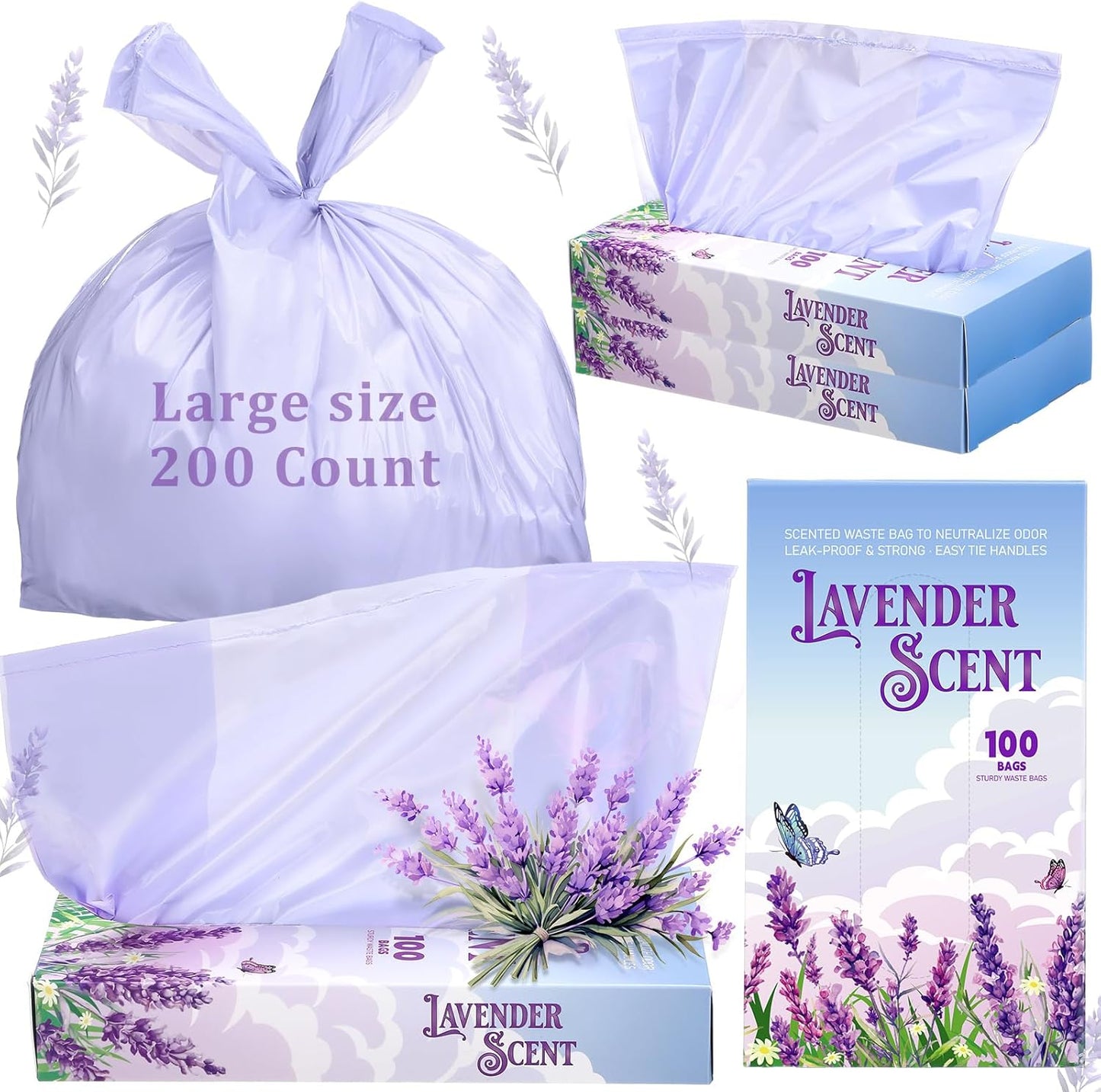 200 Pcs 17.7 x 9.8 in Lavender Scented Hygiene Bags Discreet Waste Disposal for Feminine Products, Diaper Disposal or Pet Waste Sacks with Easy-to-tie Tabs