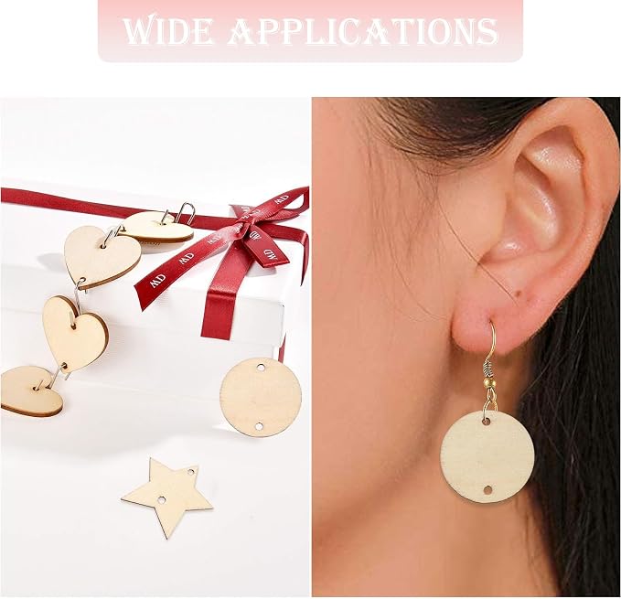 180 pcs 3 Styles Heart Star Theme Unfinished Wood Cutout Charms Flat Round