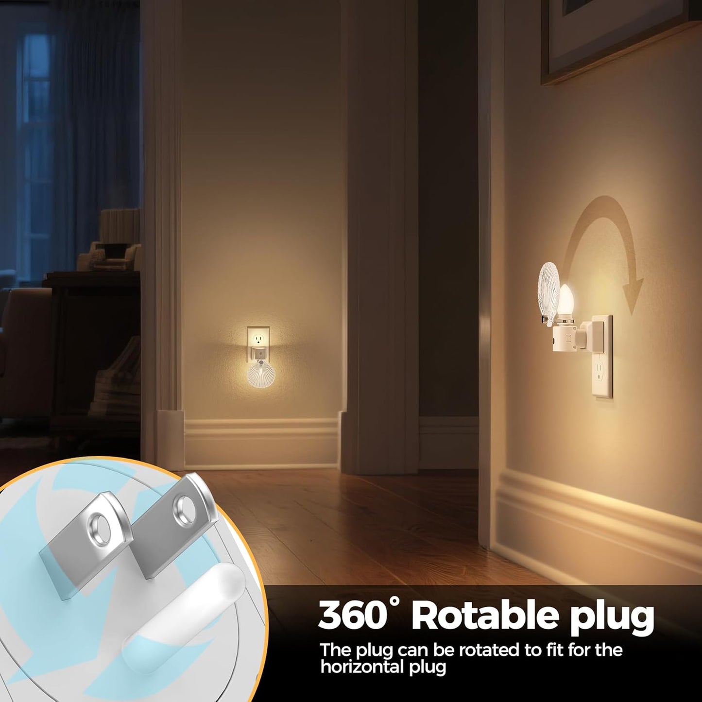 DORESshop LED Night Light[2 Pack], Glass Shell Night Lights Plug into Wall, 3 Level Brightness Adjustable Plug in NightLight with 360° Rotatable, Dusk to Dawn Sensor Nightlights for Bedroom, 3000K