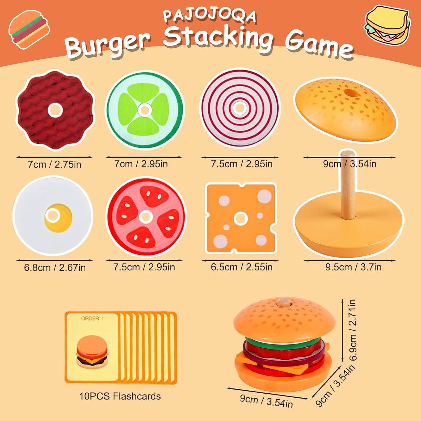 Wooden Burger Stacking Toys Montessori Toys For Toddlers Preschool Education Activity Board Game Early-Education Matching Speed Race Pretend Toy Food Back To School (Burger)