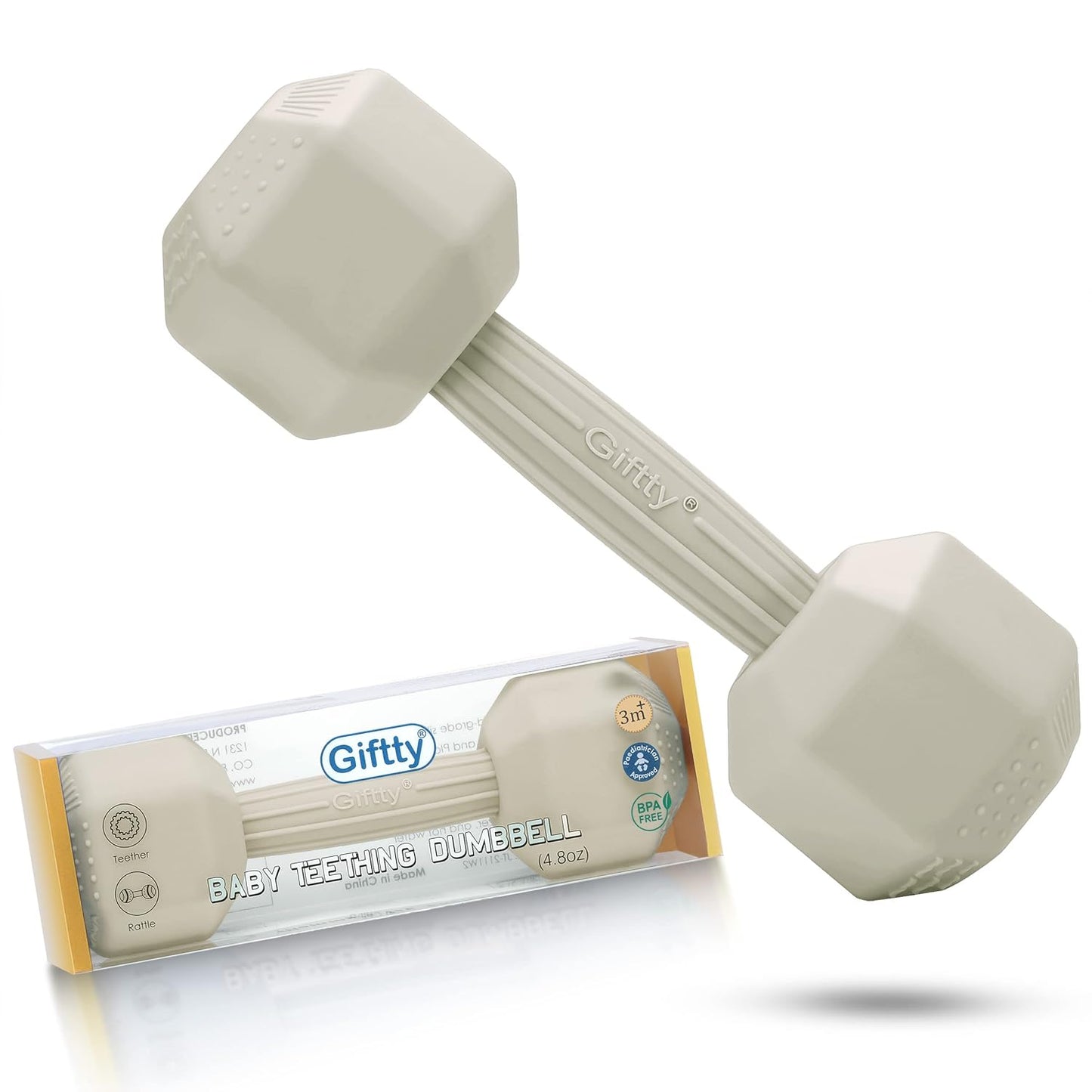 Giftty Baby Dumbbell Toy - Silicone Infant Rattle Teething Toy Teether Toddler Sensory Toy Durable Safe Exercises Workout Weight - Great Gift for Girls and Boys (1pcs 4.8oz - Cream)