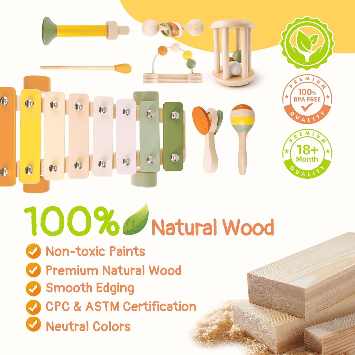 Musical Instruments 7PCS Baby Musical Toys for 18M+ Toddler Boy Girl Toys 2 3 Years Old Wooden Xylophone Maraca Trumpet Rattle, etc. (Storage Bag Included)