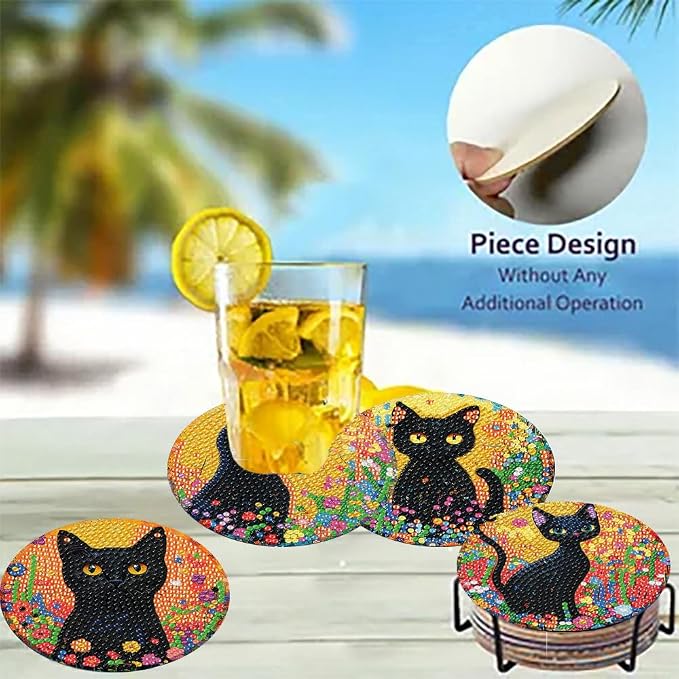 8 Pack Black Cat Diamond Art Coasters Kit for