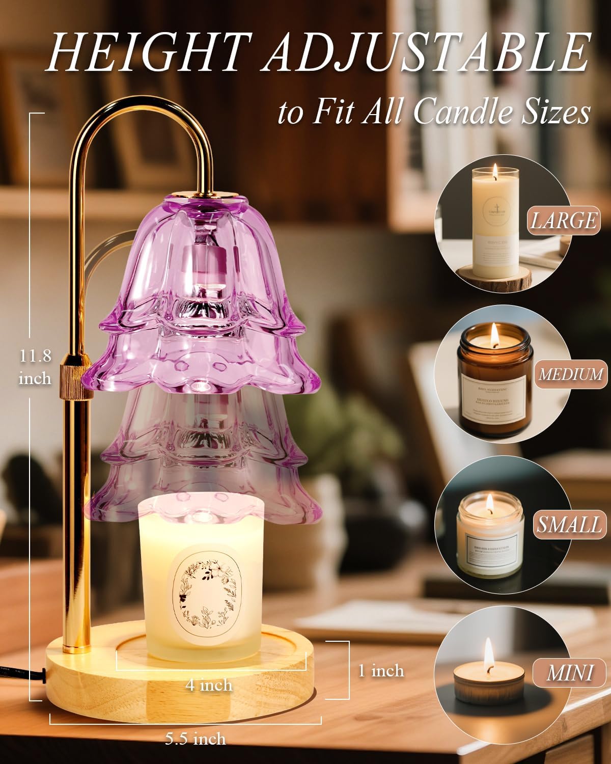 Purple Candle Warmer Lamp with Timer Dimmable, Flower Candle Warming lamp Height Adjustable, Wax Melt Warmer Candle lamp for Jar Scented Candles, Christmas Birthday House Warming Gifts for Women Mom