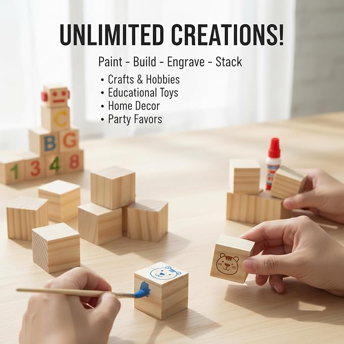 Wood Blocks for Crafts, Unfinished Wood Cubes, 2 cm Natural Wooden Blocks