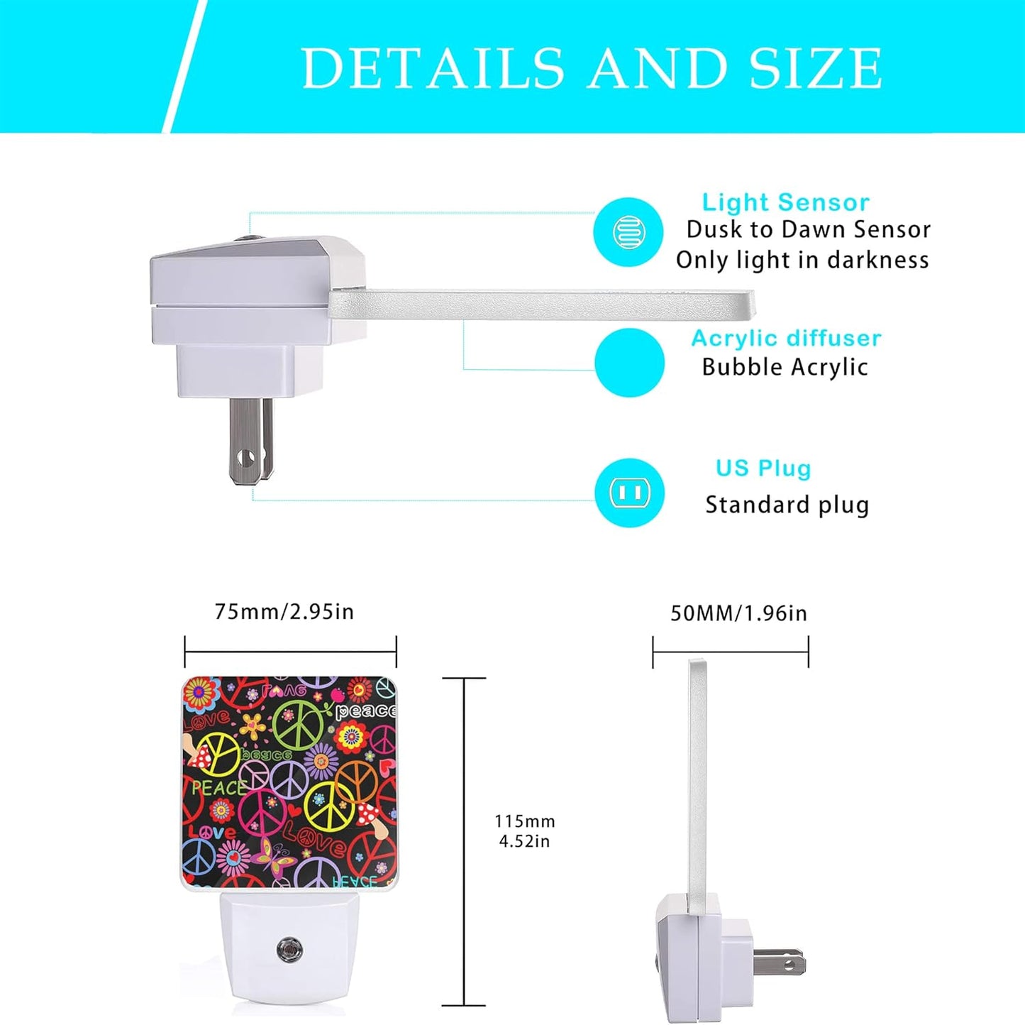 Hippie Peace Flowers Night Light,Hippies Plug-in Night Lights with Dusk-to-Dawn Sensor for Bedroom, Bathroom and Living Room 0.5W Sleep Friendly lamp for for Girlfriend/Boyfriend Gift