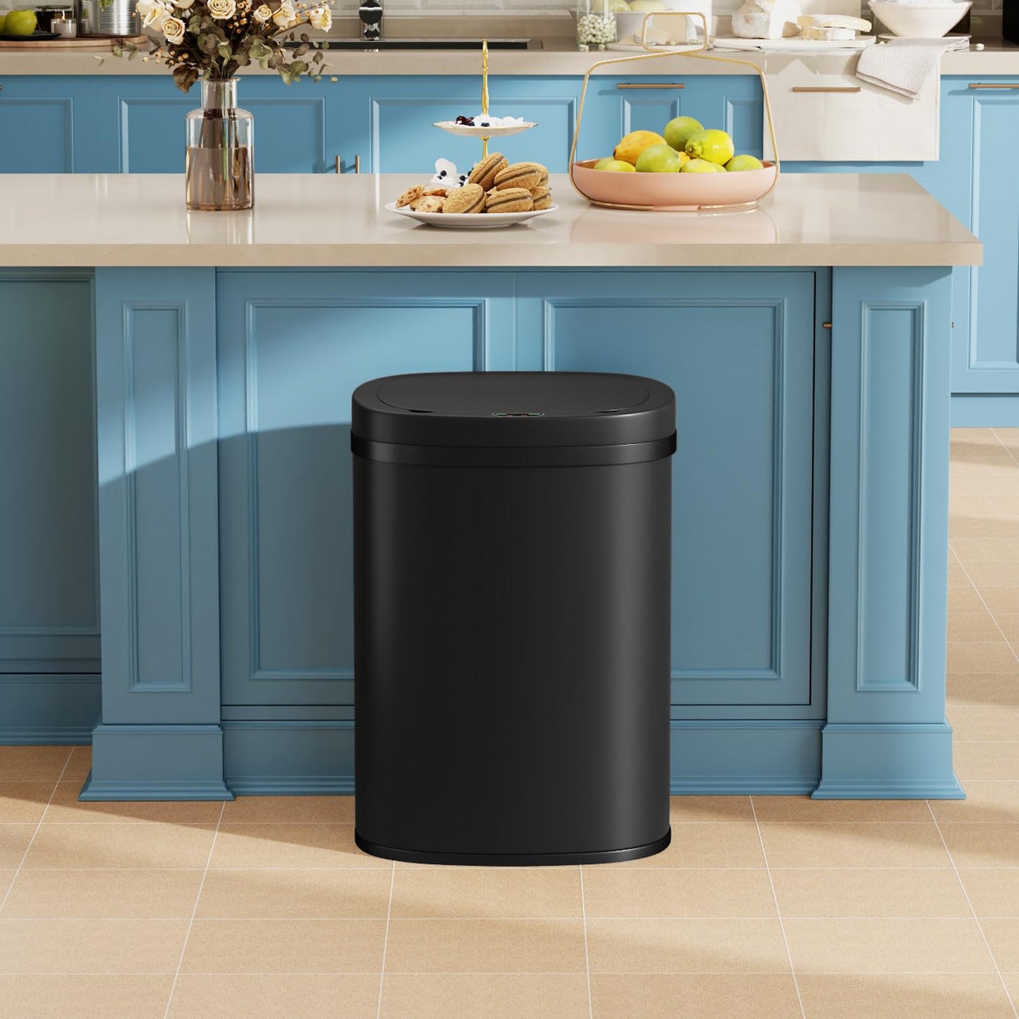 Stainless Steel Kitchen Trash Can Bathroom Bedroom Office Waste Bin with Lid Automatic Sensor Touch Free Garbage Can 13 Gallon / 50L,Black