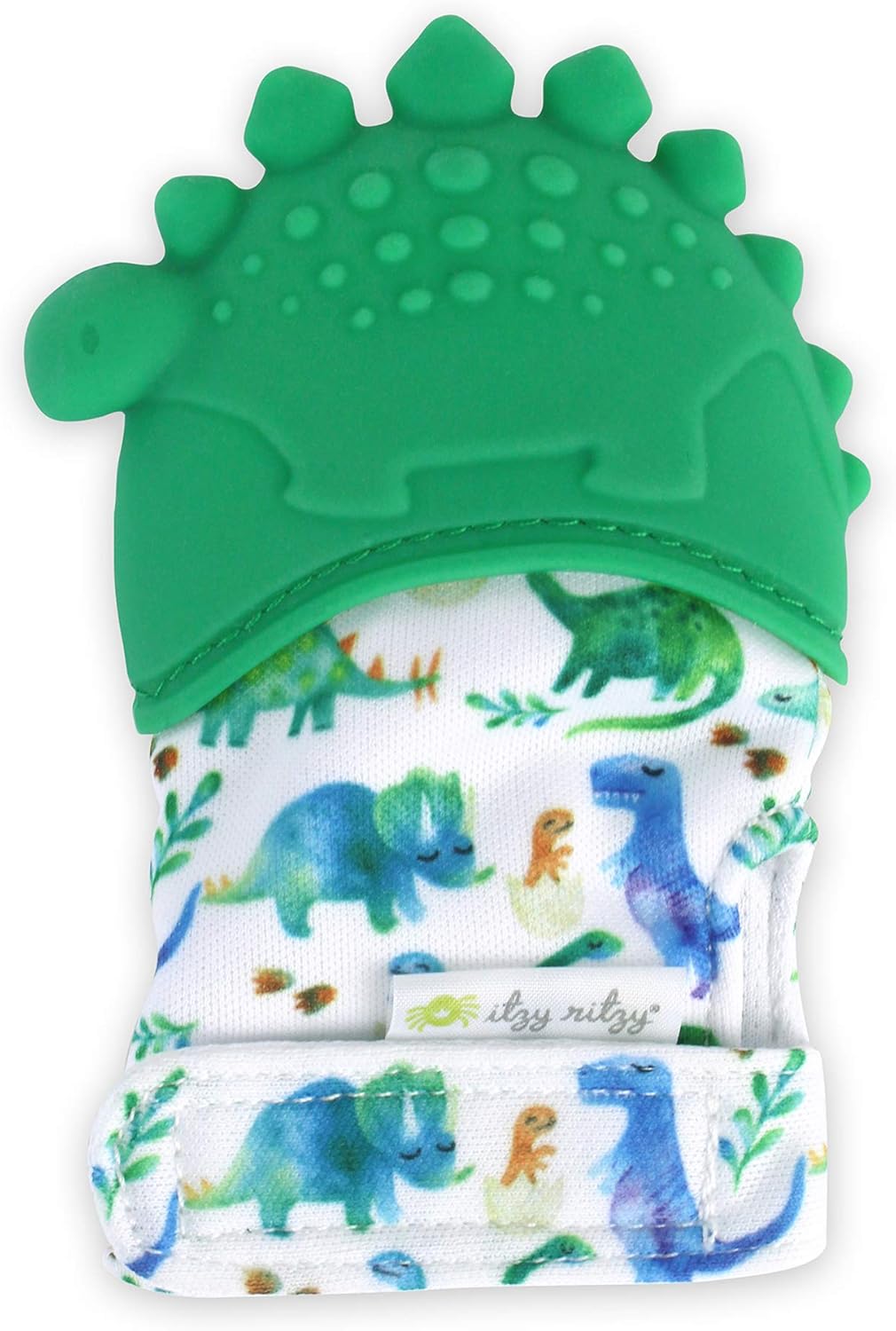Itzy Ritzy Silicone Teething Mitt - Soothing Infant Teething Mitten with Adjustable Strap, Crinkle Sound & Textured Silicone to Soothe Sore & Swollen Gums - for Ages 3 Months & Up (Green Dinosaur)