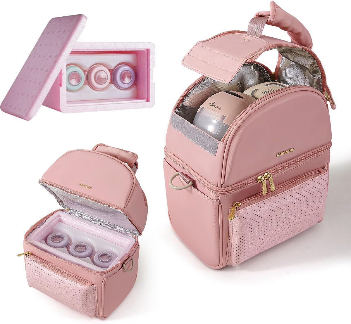 Sunveno Breastmilk Cooler Bag Set with 2 Ice Packs & Detachable Insulation Box, 15-Hour Cold Retention Foil-Lined Leak-Proof Tote Fits 3 Baby Bottles for On-The-Go Pumping Moms, Daycare & Travel,Pink