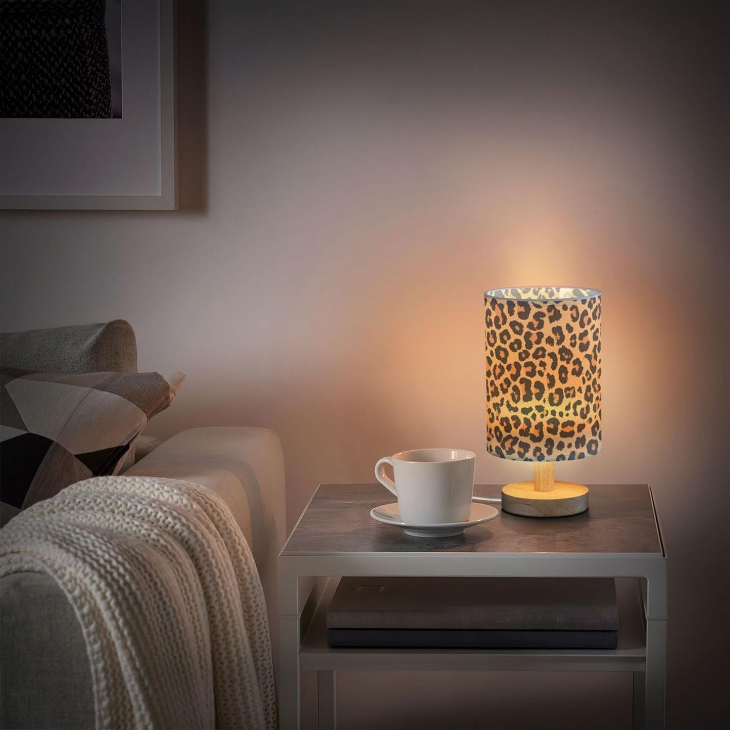 Table Lamp Leopard Print Wild Animal Skin Scale Design Pattern Nightstand Lamp with Wood Base Fabric Lamp Shade Bedside Desk Lamp for Living Room Bedroom Kids Room Office