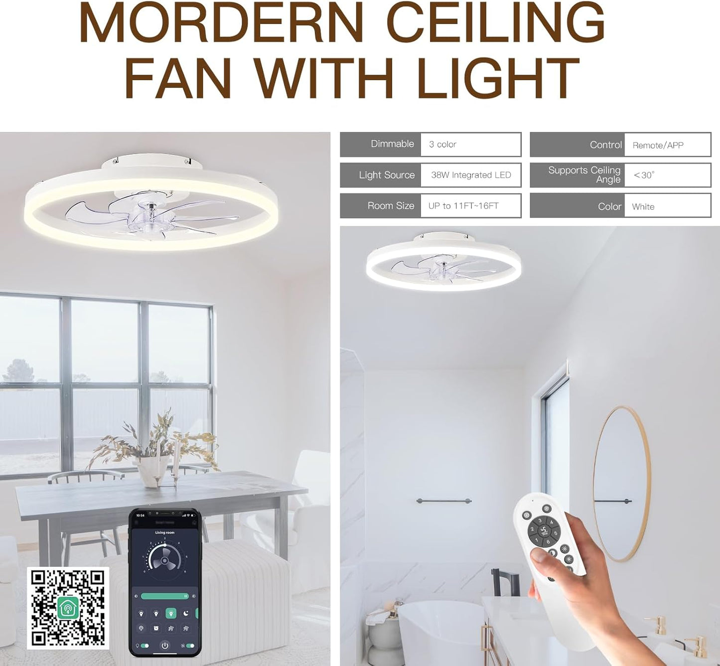 STERREN Ceiling Fans with Lights,20" Low Profile Ceiling Fan with Remote Control, Modern Flush Mount Ceiling Fan,White Fan Light for Bedroom, Living Room,Kitchen,Small LED Ceiling Light Fixture