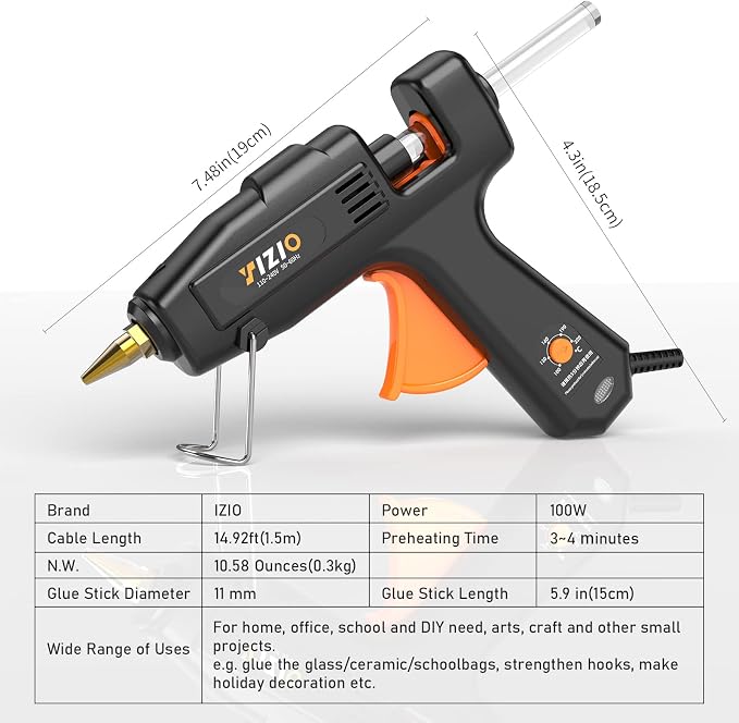 IZIO Full Size Hot Glue Gun and Sticks Set, 100-220W Adjustable Temperature
